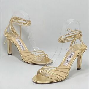 Jimmy Choo Antia Metallic Leather Ankle-Tie Sandals size 37.5